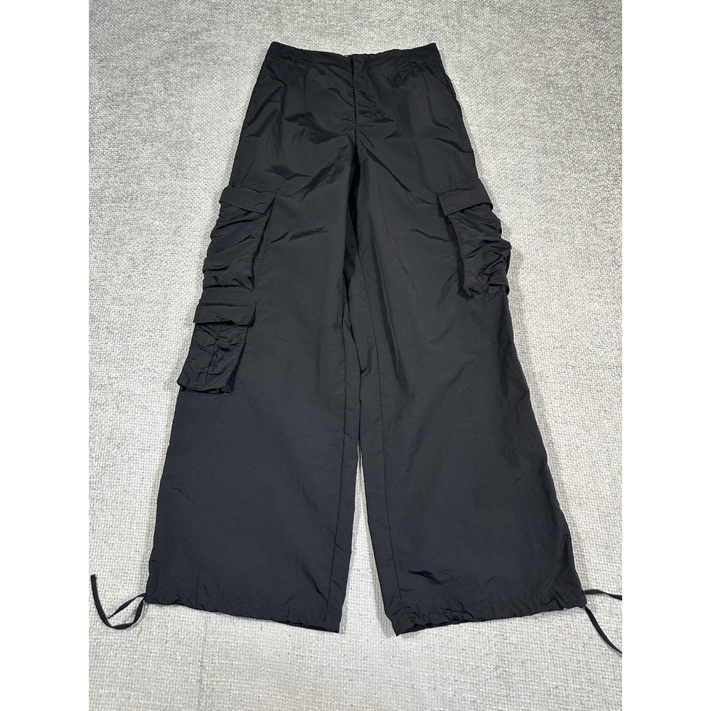 Zara Pants Womens XS Black Nylon Wide Leg Cargo Parachute Streetwear Read